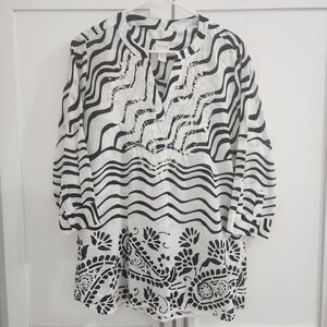 Chicos Size 0 White Black Cotton Embroidered Tunic Blouse Boho Peasant Shirt